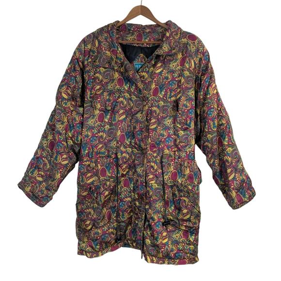Vtg 90s Maximalist Puffer Coat Colorful Paisley Bold Statement Zip Womens Small - Picture 1 of 13